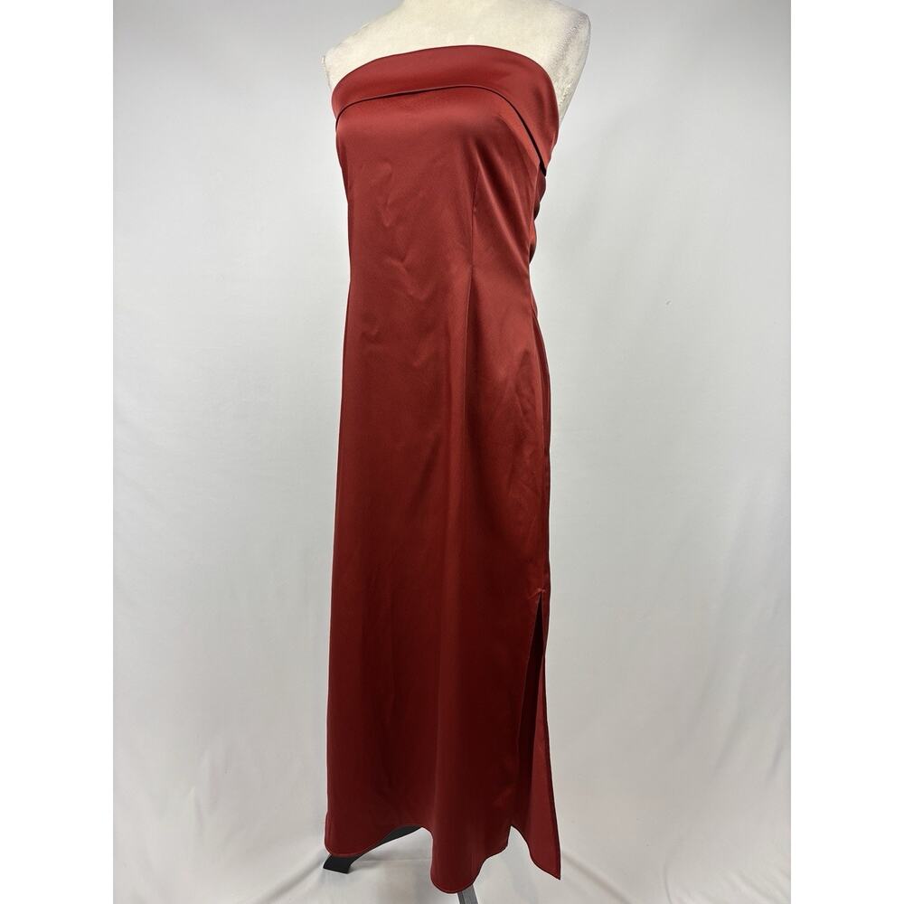 by Anthropologie Strapless Dress Orange Red Rust Satin Size Large Cowl Back - Picture 15 of 15